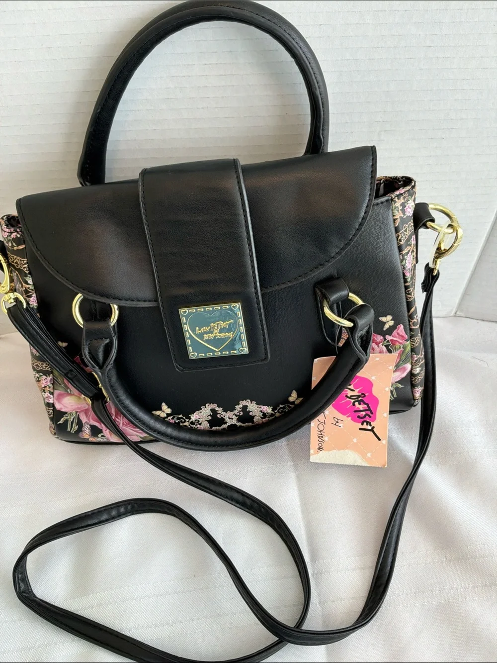 Betsey Johnson Black Satchel with Pink Floral Trim